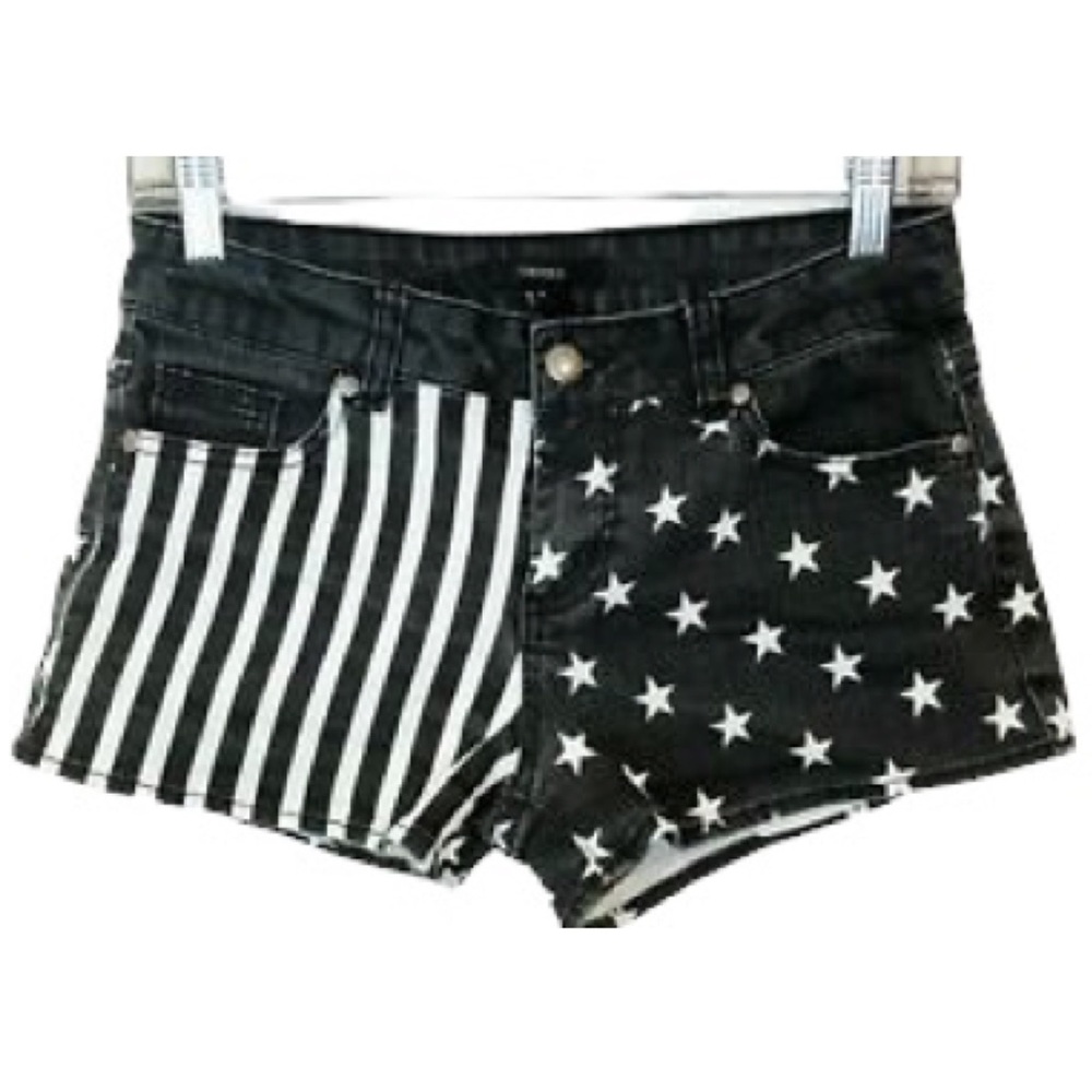 Sh40 Forever 21 Black White Jean Shorts Festival Patriotic Stars Stripes Size 28